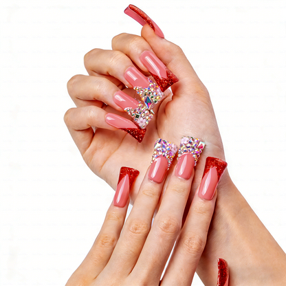 Ruby Blush – Pink & Red Glitter Long Duck Press-Ons with Iridescent Crystals