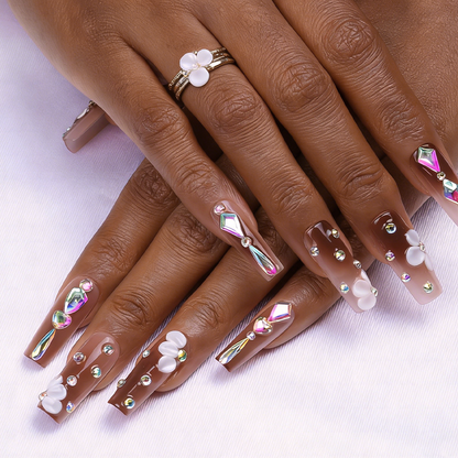 Butterfly Glow Nude Brown Medium Square Press-Ons with Gold Butterfly & Iridescent Gem Accents