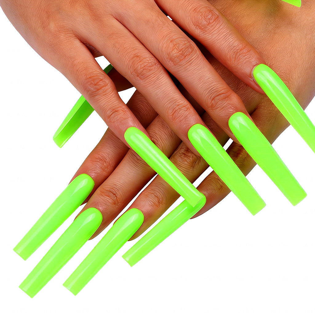 Neon Lime Green  Bright Green Long Square Press-Ons with High Gloss Solid Finish