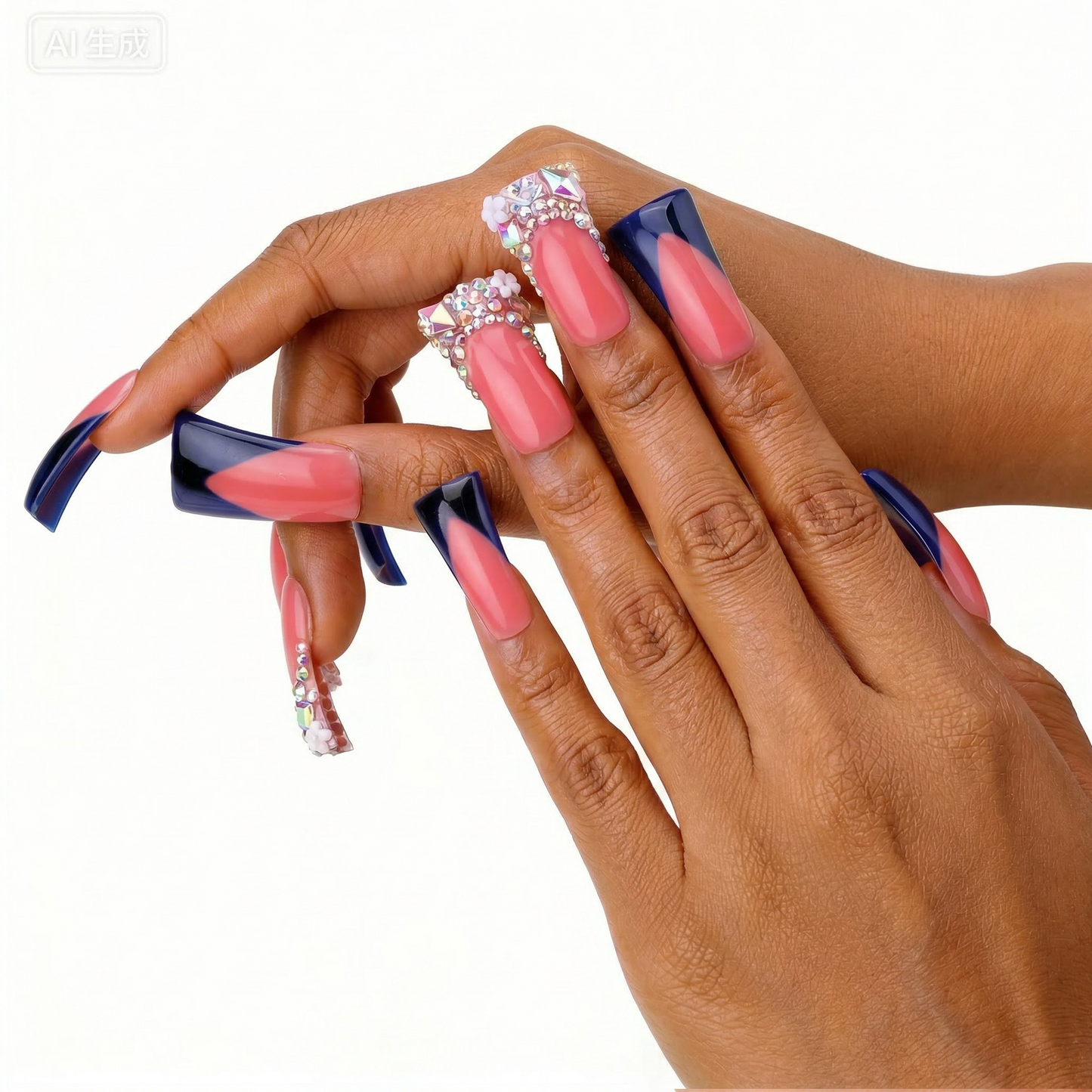 Royal V French  Nude & Navy Blue Long Duck Press-Ons with Iridescent Rhinestone Accents