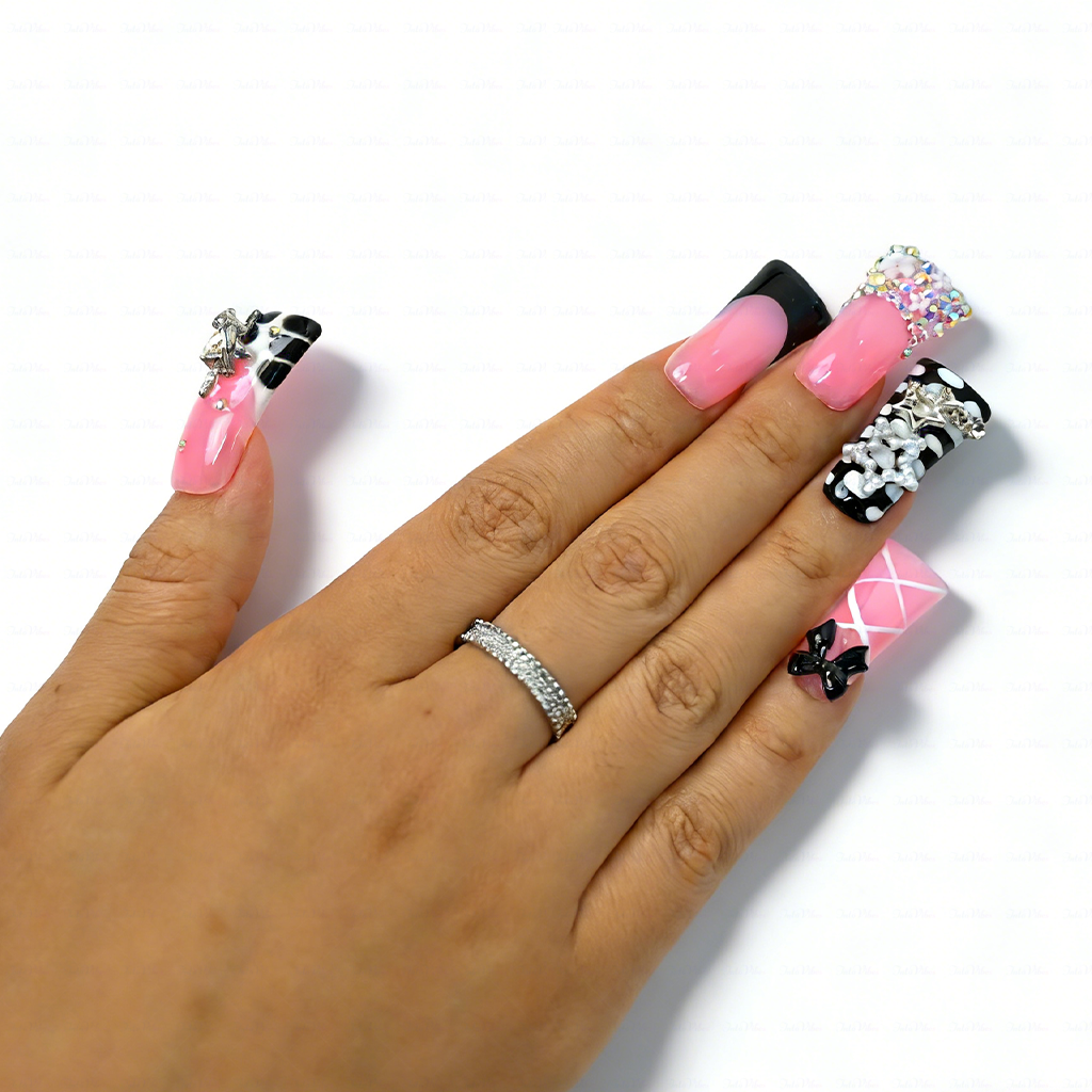 Sugar Bite – Sweet Pink Long Duck Press-Ons  with Pearl Bow & Rhinestone Charm