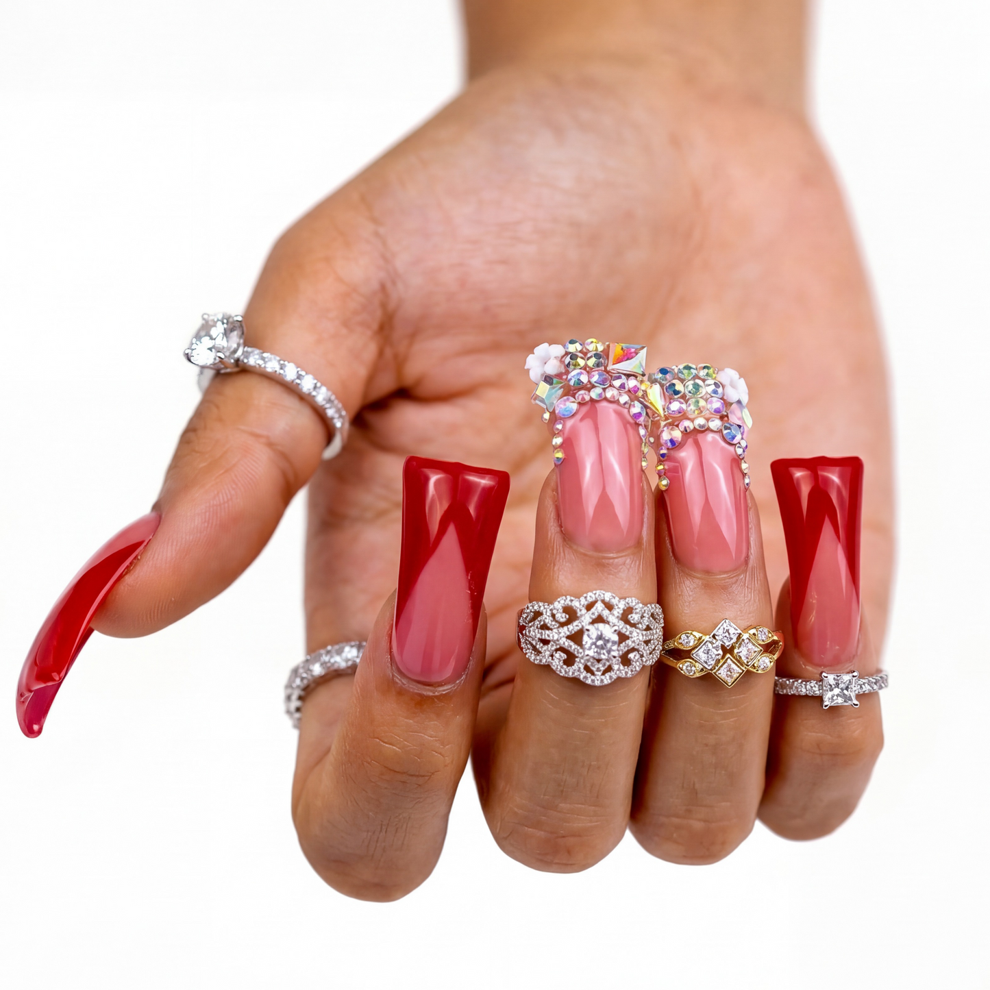 Ruby V French  Nude & Red Long Duck Press-Ons with Iridescent Rhinestone Accents