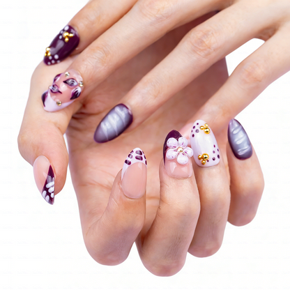 Lilac Wild – Lavender Purple Short Almond Press-Ons with Leopard Print & 3D Floral Accents