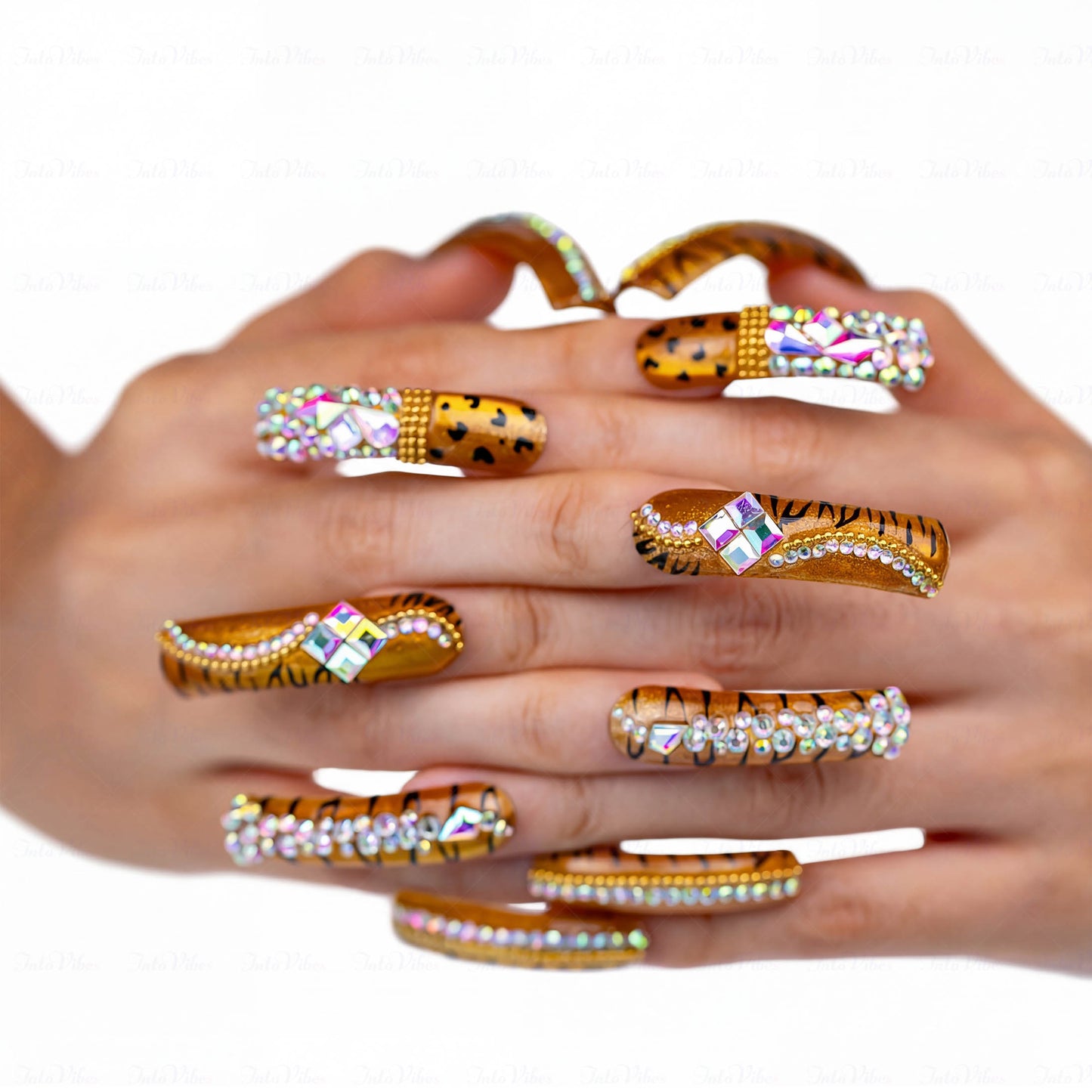 Tiger Glitz-Caramel Brown Long Downward Curved Press-Ons with Tiger Print & Rhinestone Accents