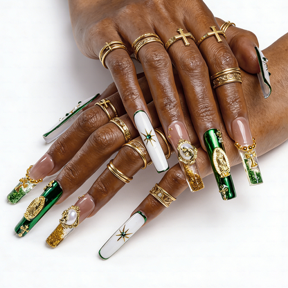 Sacred Green-Emerald & White Long Square Water Press-Ons with Gold Virgin Mary & Cross Charms