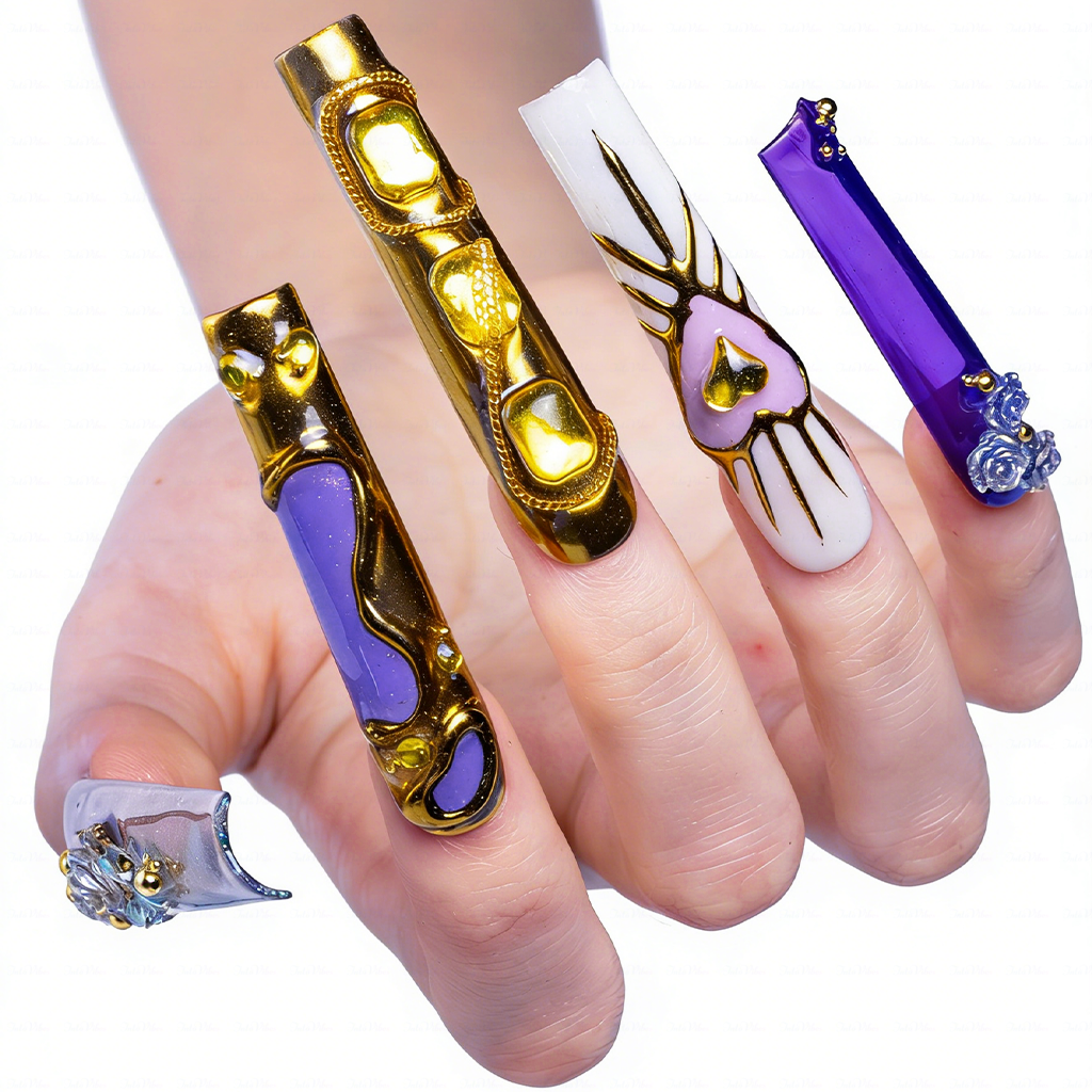 Royal Opulence – Purple & Gold Long Square Press-Ons with 3D Baroque Charms