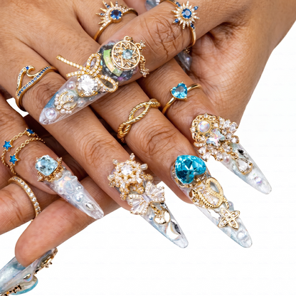 Made-to-Order | Icy Celestial Princess – Iridescent White & Aqua Long Stiletto Press-Ons with Gold Gem Charms