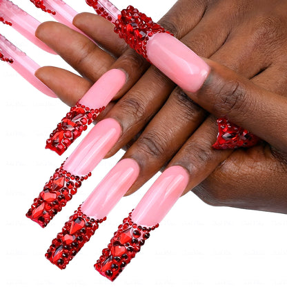 Ruby Red Bling – Nude & Red Long Square Press-Ons with Full Red Rhinestone Accents