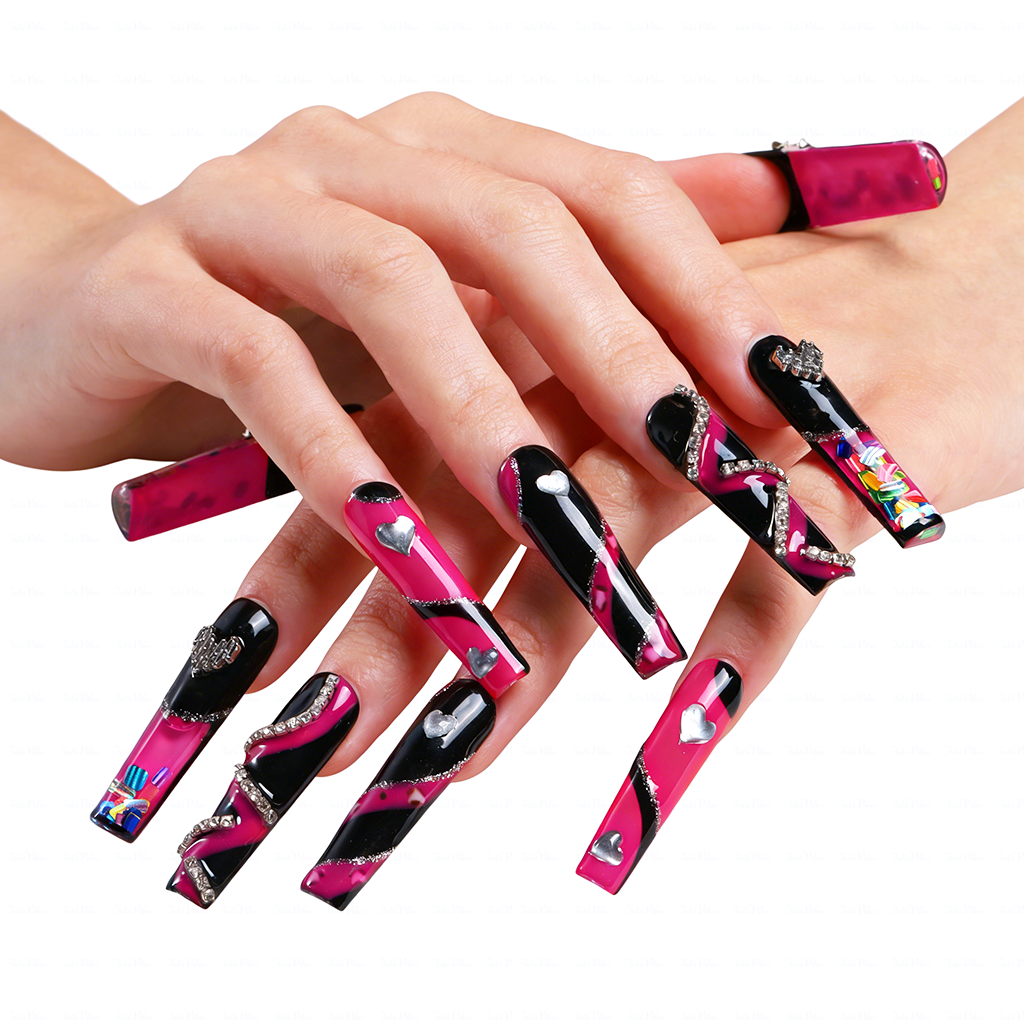 Neon Punk – Long Square Jelly Press-Ons with Heart & Crystal Accents