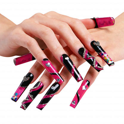 Neon Punk – Long Square Jelly Press-Ons with Heart & Crystal Accents
