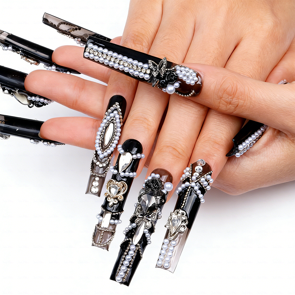 Gothic Baroque-Black & Brown Long Square Press-Ons with Pearl Rose & Butterfly Charms