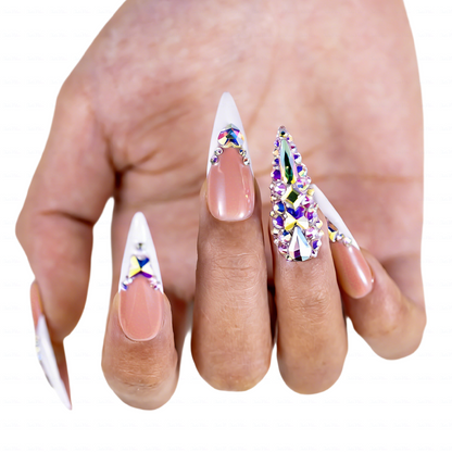 French Glitz – Nude & White Long Almond Press-Ons with French Tips & Iridescent Rhinestone Accents