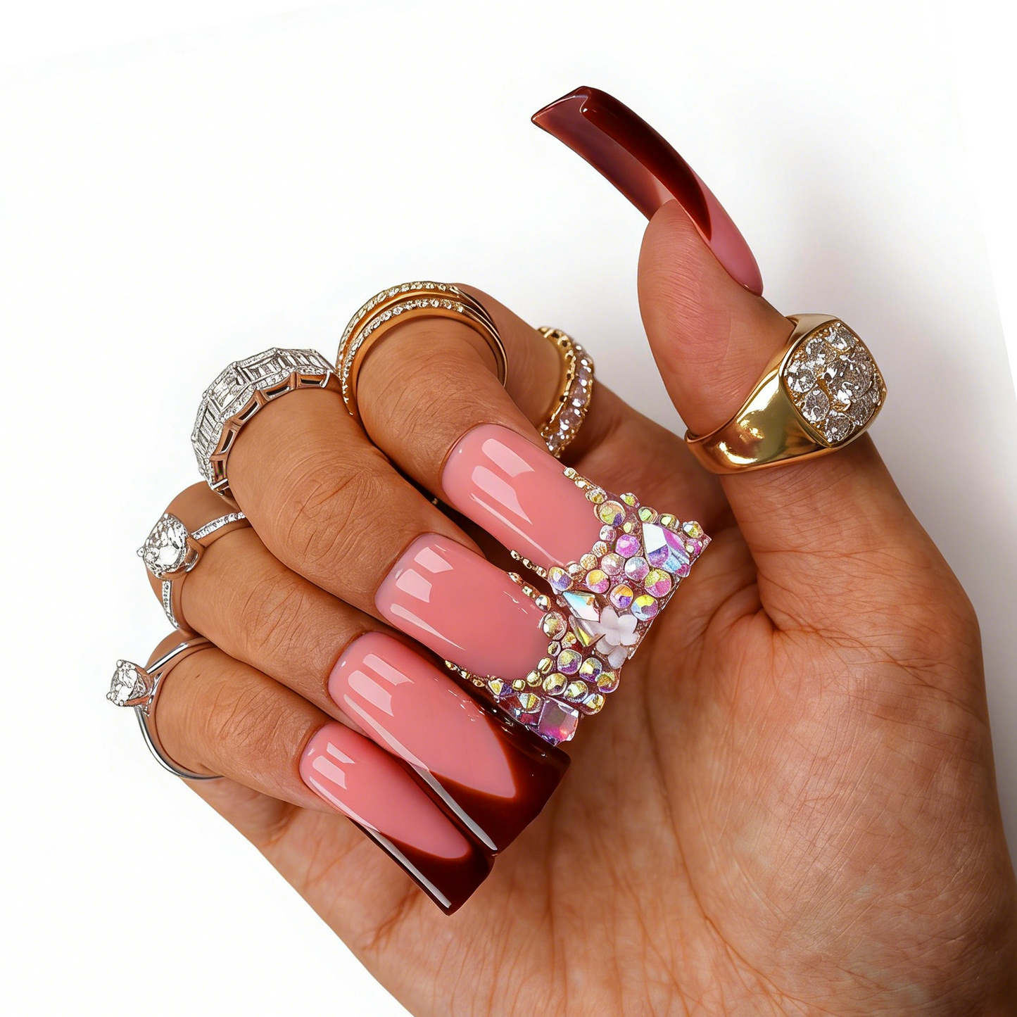 Chocolate V French – Nude & Brown Long Duck Press-Ons with Iridescent Rhinestone Accents