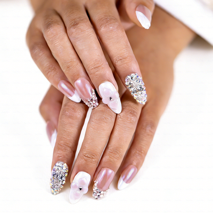 Bridal Blush – Nude Pink Short Almond Press-Ons with French Tips & Full Rhinestone Accents