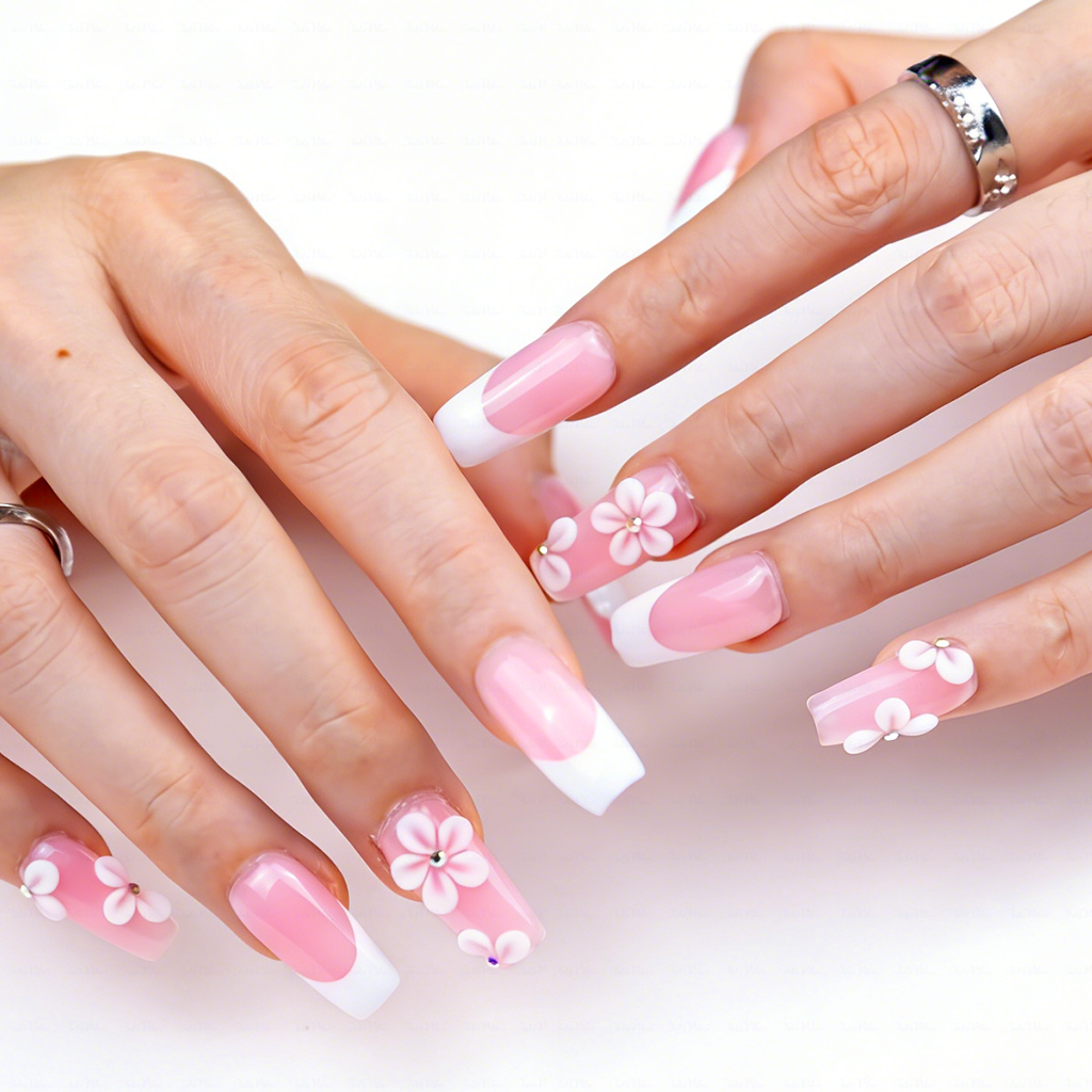 Blush Bloom – Soft Pink Medium Square Press-Ons with French Tips & 3D Floral Accents