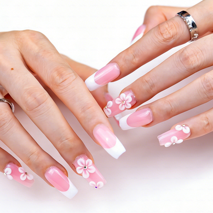 Blush Bloom – Soft Pink Medium Square Press-Ons with French Tips & 3D Floral Accents