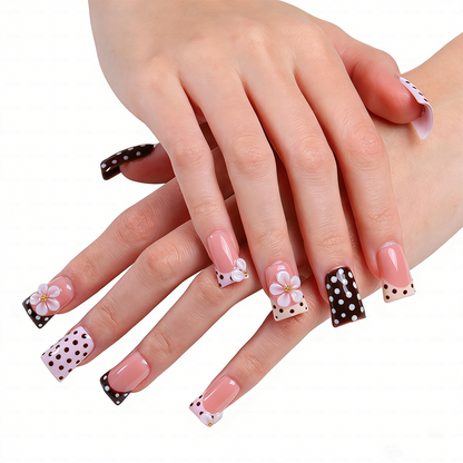Polka Dot Bloom-Pink & Brown Short Duck Press-Ons with 3D Floral & French Tip Accents