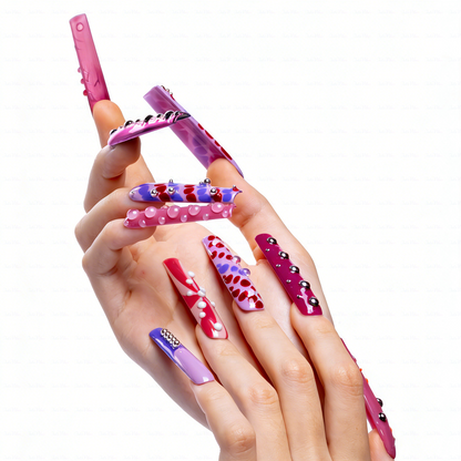 Pink Pop Art – Multi-Tone Long Square Press-Ons with 3D Dot & Stud Accents
