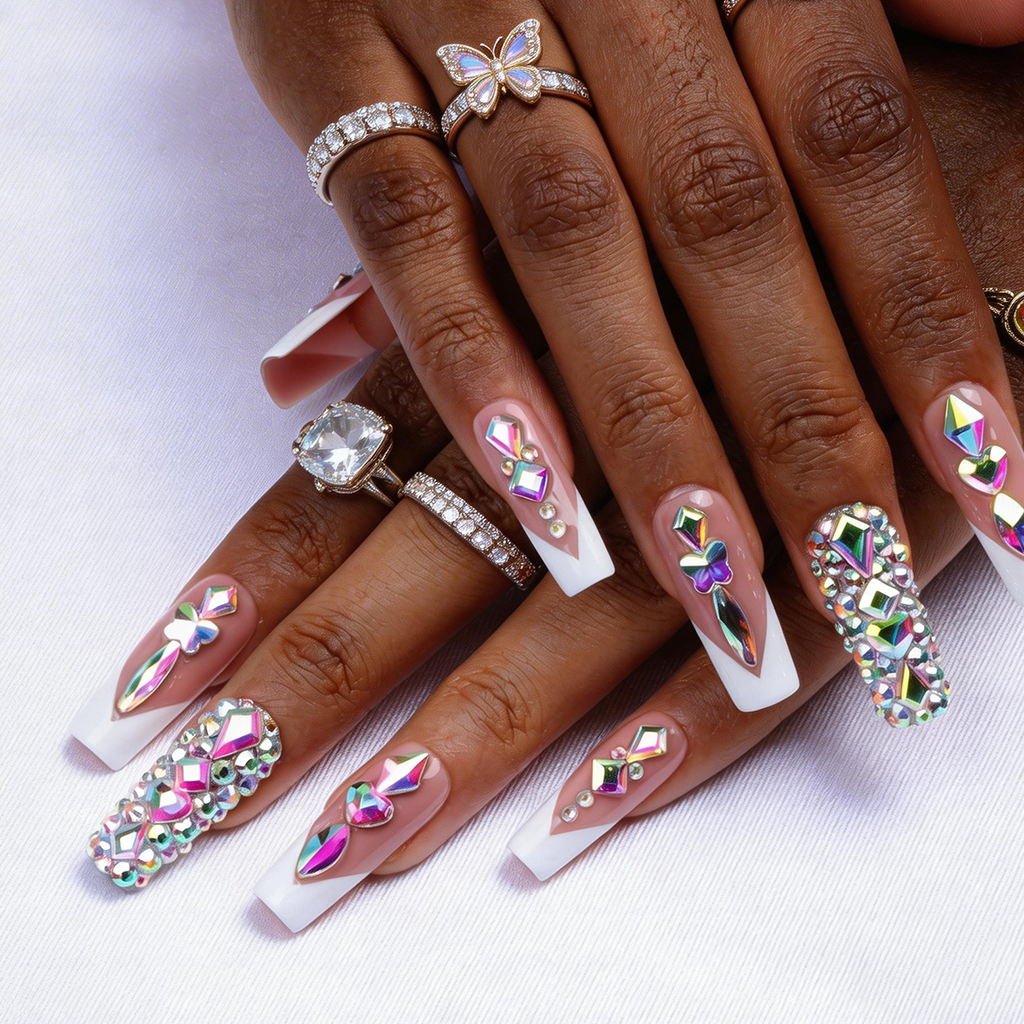 Rainbow V French-Nude & White Medium Square Press-Ons with V-Tip & Iridescent Rhinestone Accents