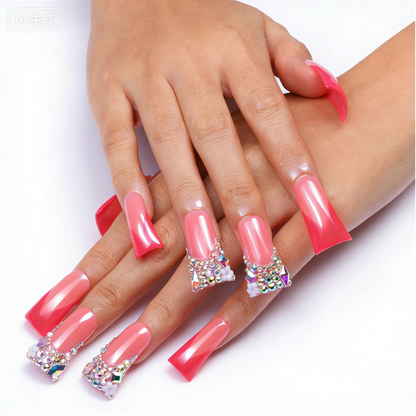Coral Ombre Bling  Pink & Red Long Duck Press-Ons with Iridescent Rhinestone Accents