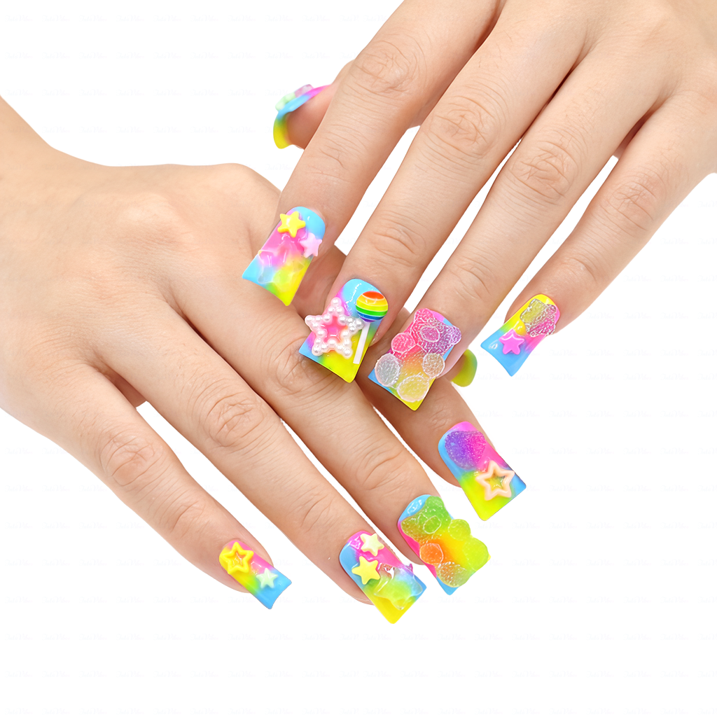 Candy Pop – Neon Rainbow Short Duck Press-Ons with 3D Gummy Bear & Lollipop Charms