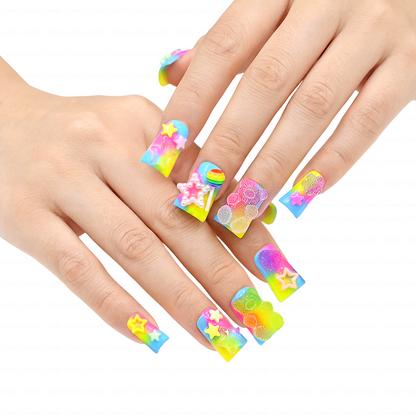 Candy Pop – Neon Rainbow Short Duck Press-Ons with 3D Gummy Bear & Lollipop Charms