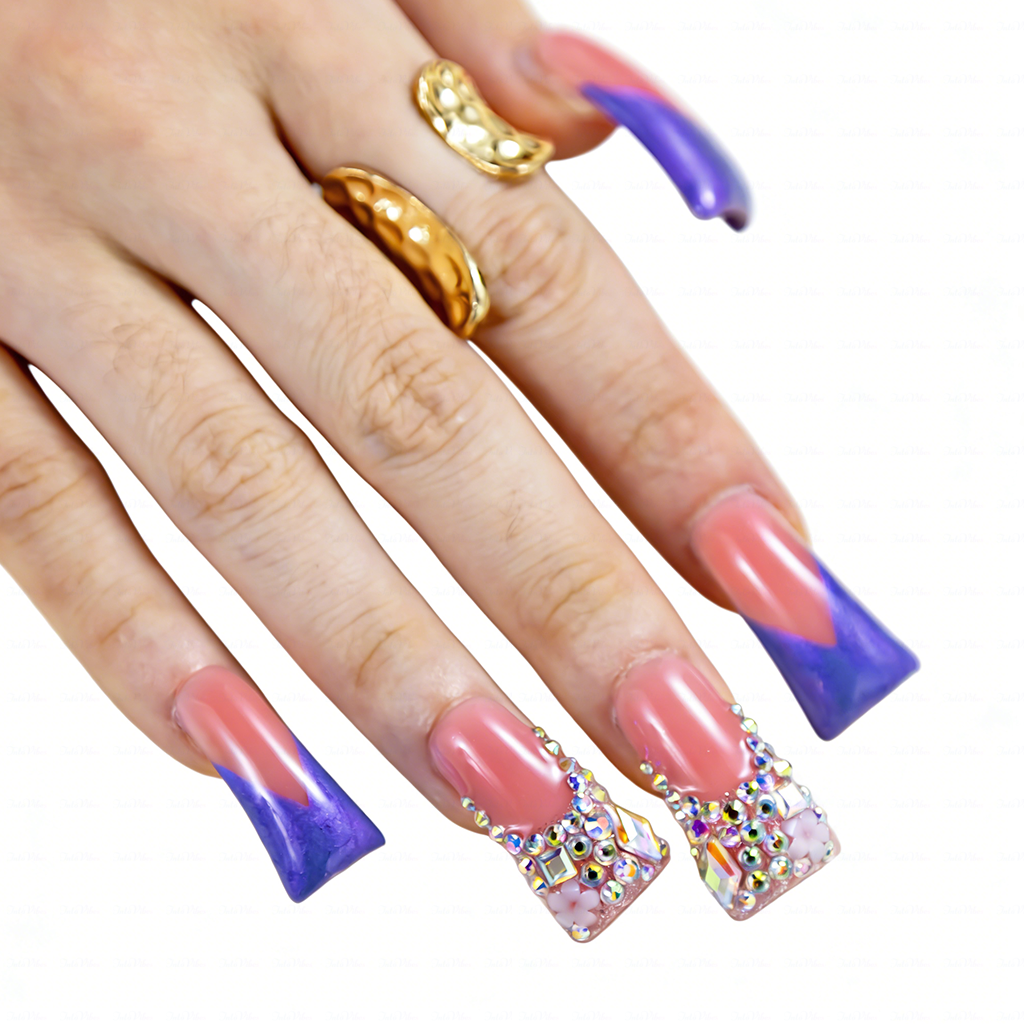 Lavender Blossom – Pink & Purple Long Duck Press-Ons with Crystal & Floral Accents