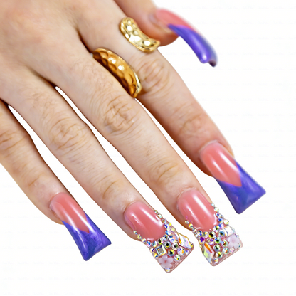 Lavender Blossom – Pink & Purple Long Duck Press-Ons with Crystal & Floral Accents