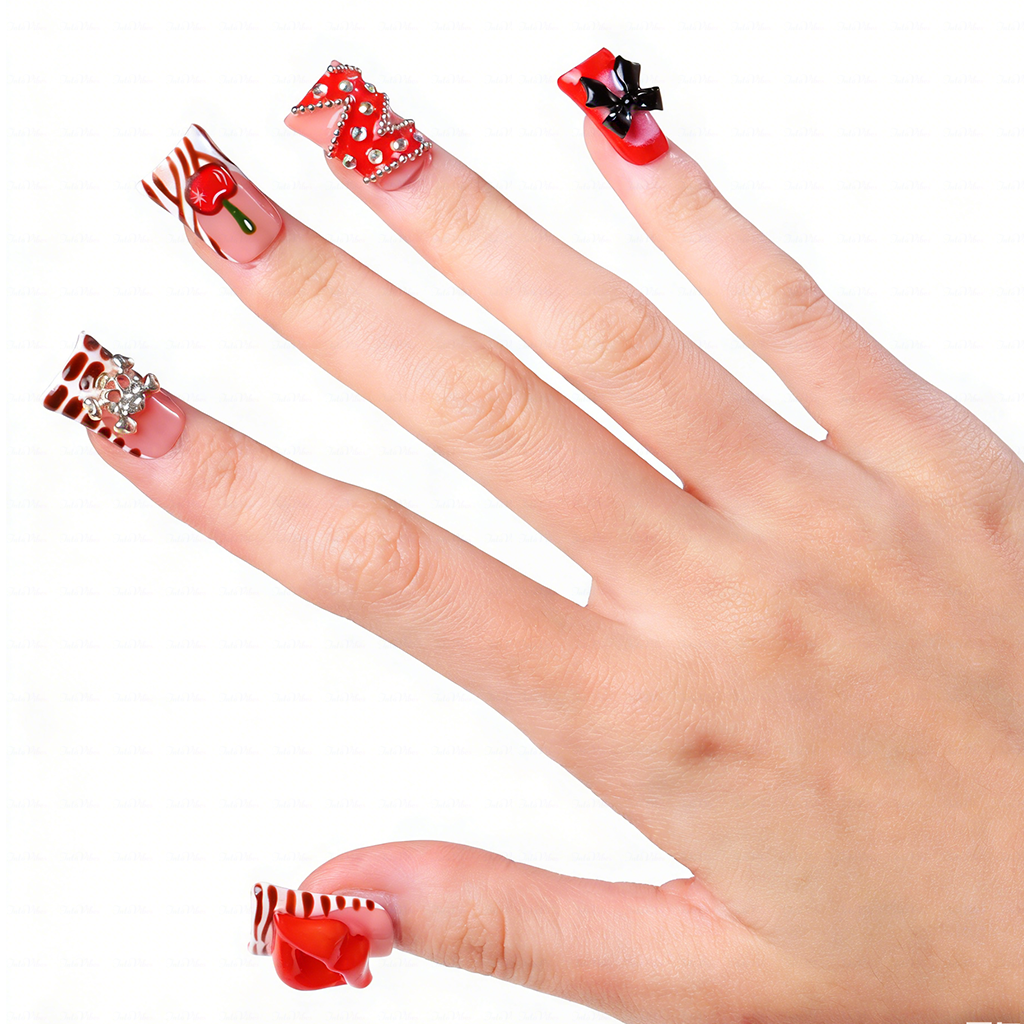 Cherry Kiss – Short Duck Press-Ons with 3D Lip & Cherry Accents