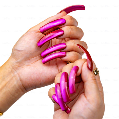 Magenta Glow-Fuchsia Pink Long Downward Curved Press-Ons with Magnetic Cat Eye Gloss Finish