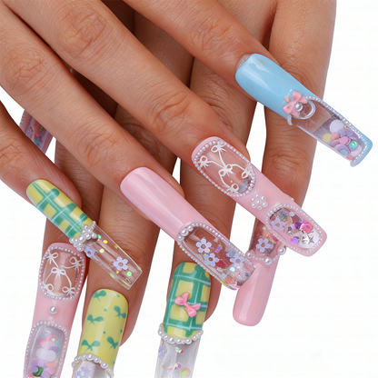 Pastel Quicksand  Multi-Color Long Square Water Press-Ons with 3D Bow & Sequin Accents