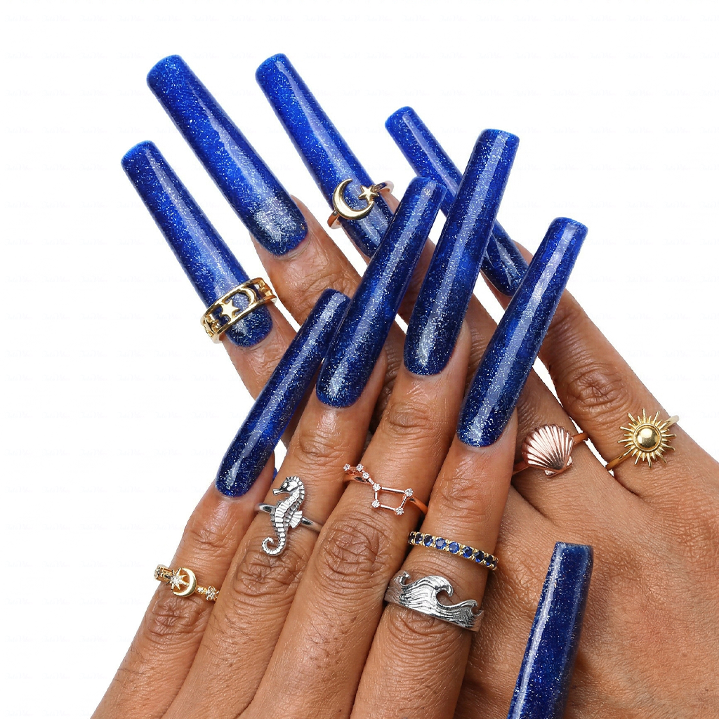 Midnight Galaxy – Deep Blue & Silver Glitter Long Square Press-Ons