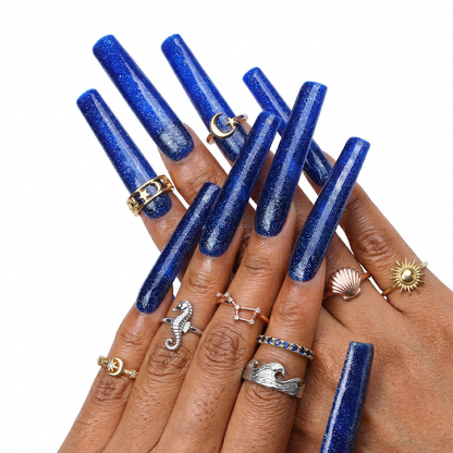 Midnight Galaxy – Deep Blue & Silver Glitter Long Square Press-Ons
