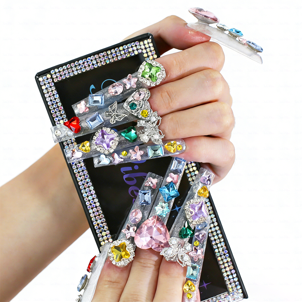 Rainbow Gem-Silver Long Square Press-Ons with Multi-Color Heart & Butterfly Rhinestone Accents