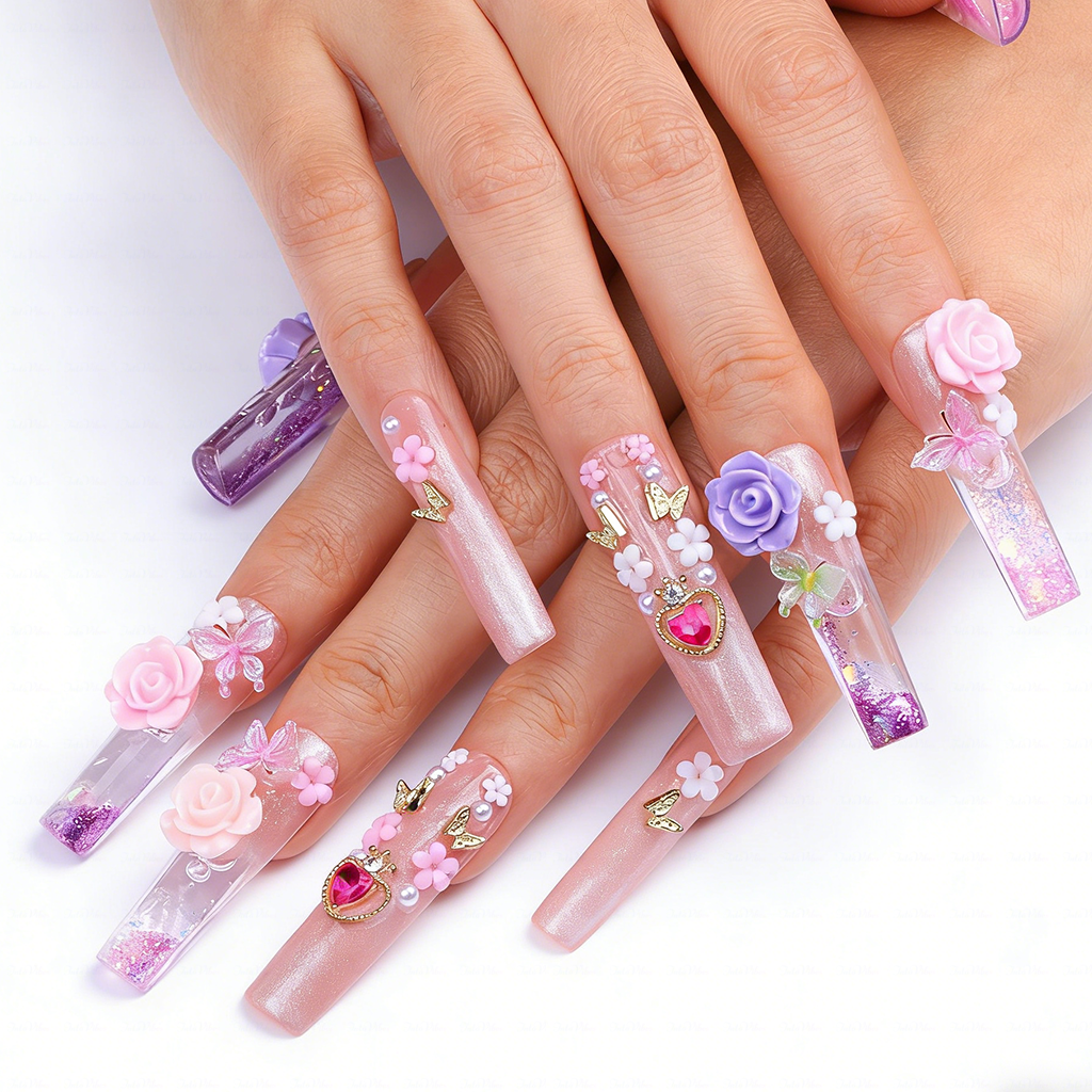 Rose Fairy  Nude & Purple Long Square Water Press-Ons with 3D Rose & Butterfly Charms