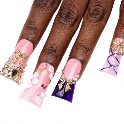 Gold Bow Lolita – Pink & Navy Blue Long Duck Press-Ons with Gold Bow & Rhinestone Accents