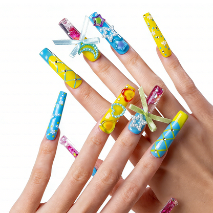 Kawaii Bow  Blue & Yellow Long Square Water Press-Ons with 3D Bow & Moon Charms