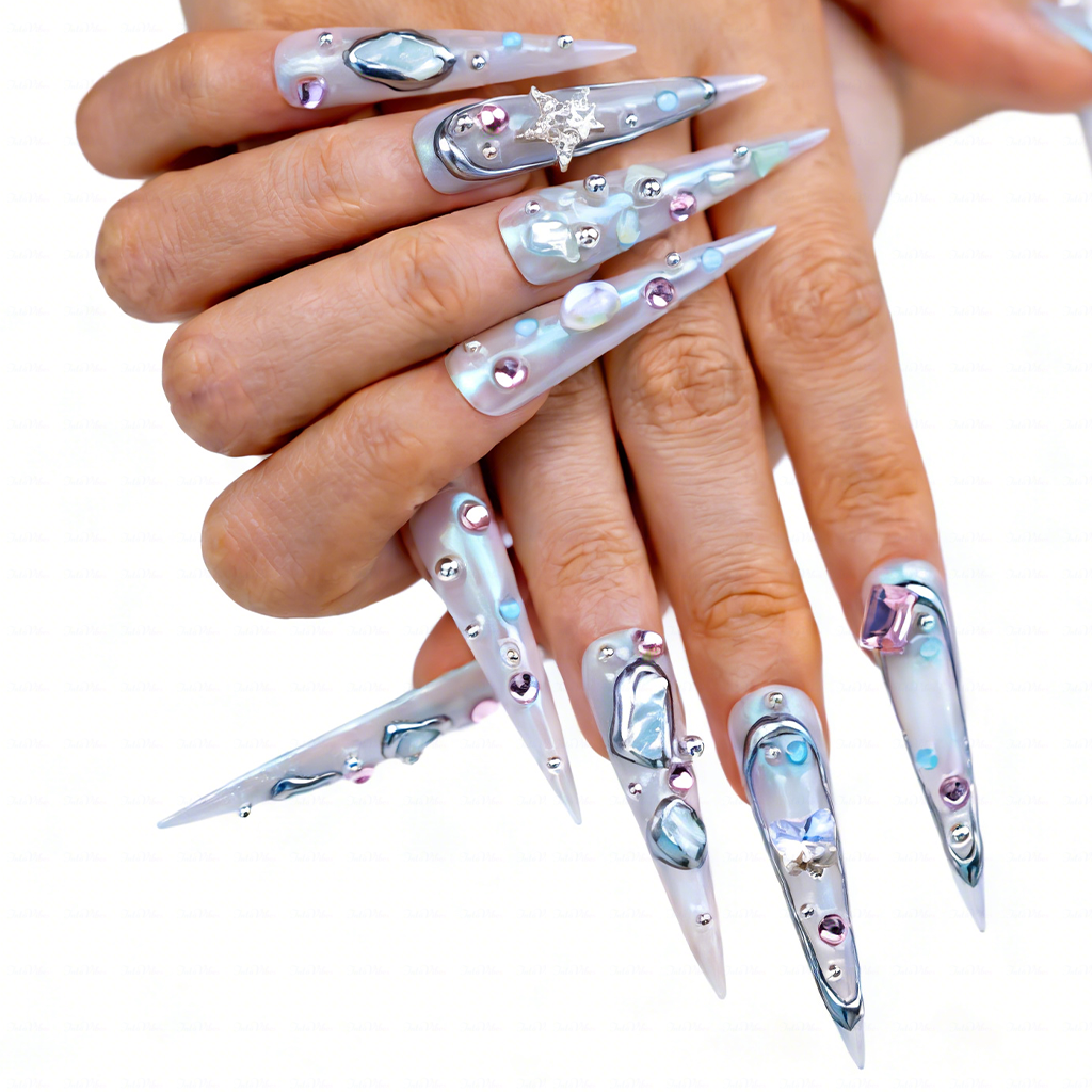 Aurora Crystal – Iridescent Mint Stiletto Press-Ons with Mixed Rhinestone Accents