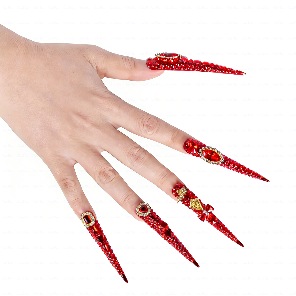 Ruby Royale – Crimson Red Long Stiletto Press-Ons with Rhinestone Halo, Heart Gem & Gold Bow Charms