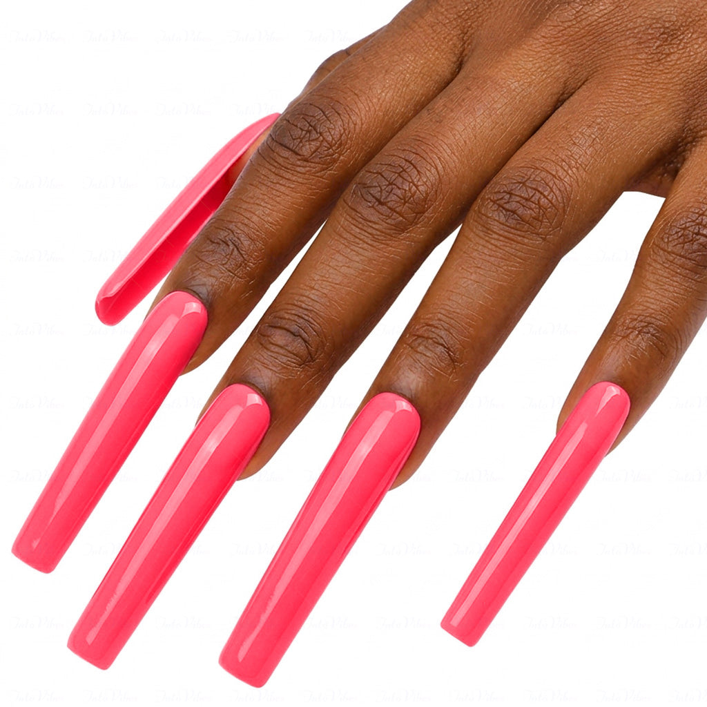 Neon Hot Pink  Bright Pink Long Square Press-Ons with High Gloss Solid Finish