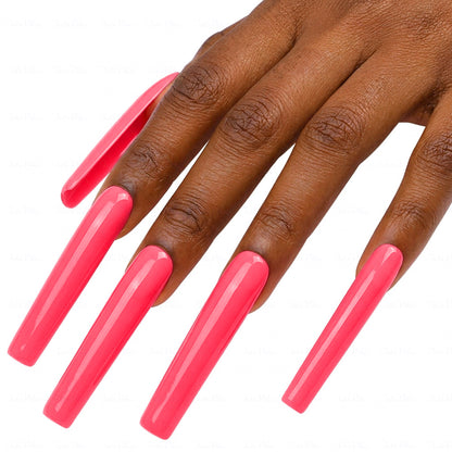 Neon Hot Pink  Bright Pink Long Square Press-Ons with High Gloss Solid Finish