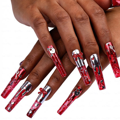 Lava Heart  Red & Silver Long Square Water Press-Ons with Metal Lava & Lock & Key Charms