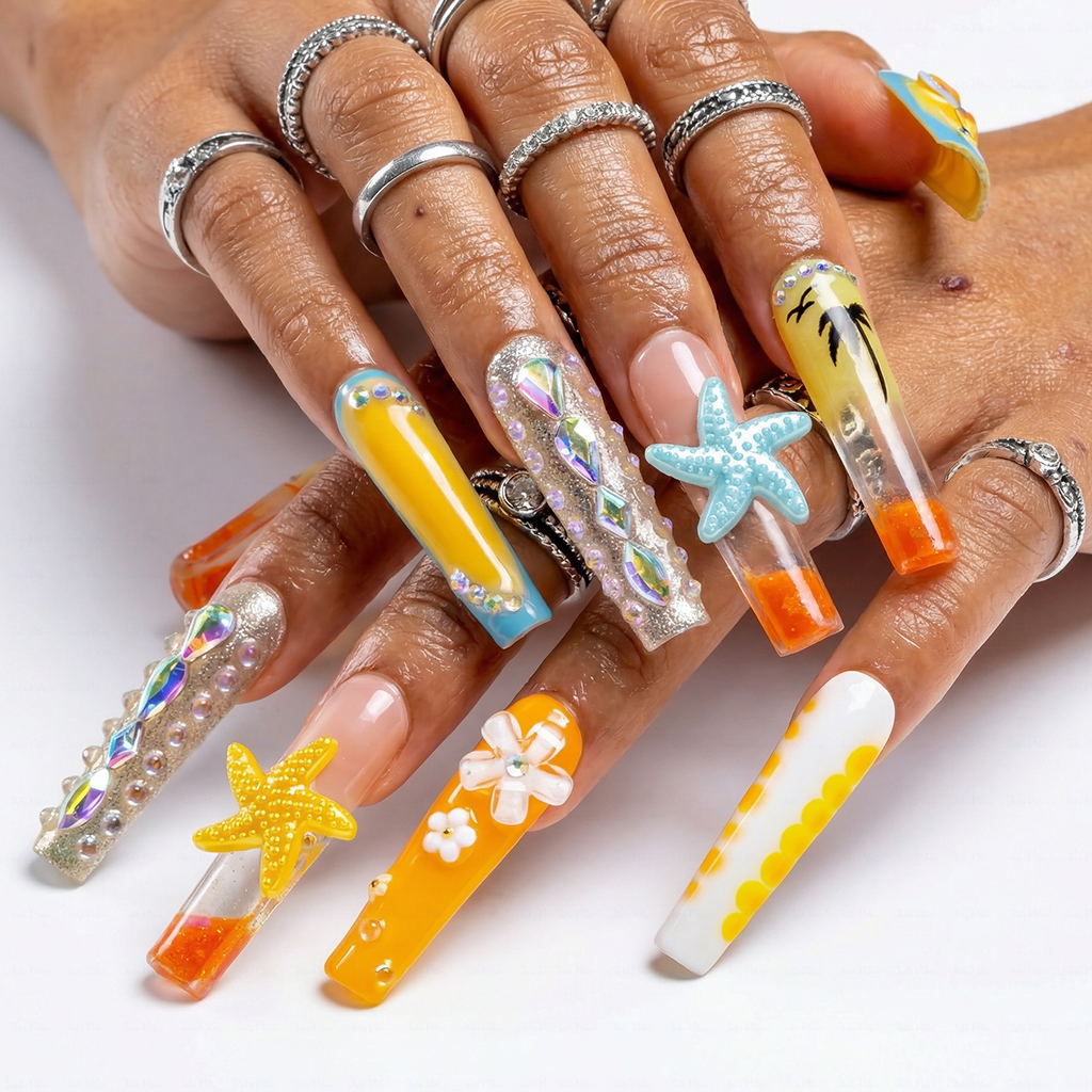 Sunset Beach-Orange & Yellow Long Square Water Press-Ons with 3D Starfish & Palm Tree Accents