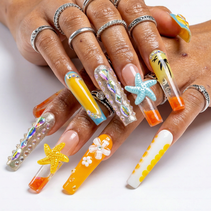 Sunset Beach-Orange & Yellow Long Square Water Press-Ons with 3D Starfish & Palm Tree Accents