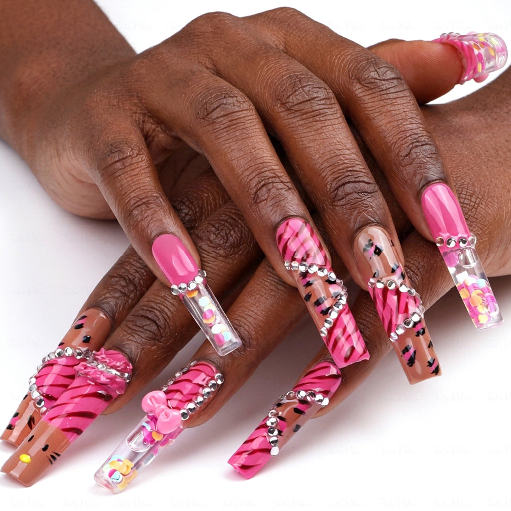 Kitty Leopard  Hot Pink & Brown Long Square Water Press-Ons with Tiger Print & 3D Bow Charms