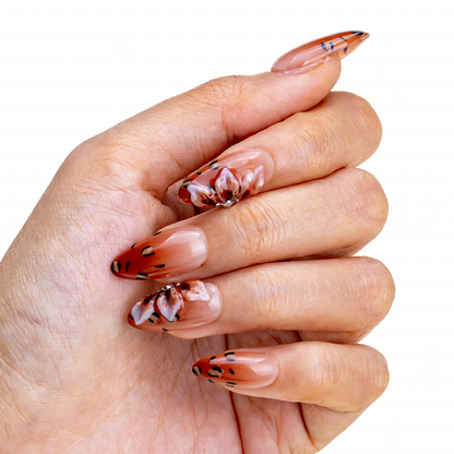 Caramel Bow – Amber Brown Short Almond Press-Ons with Leopard Print & 3D Bow Accents