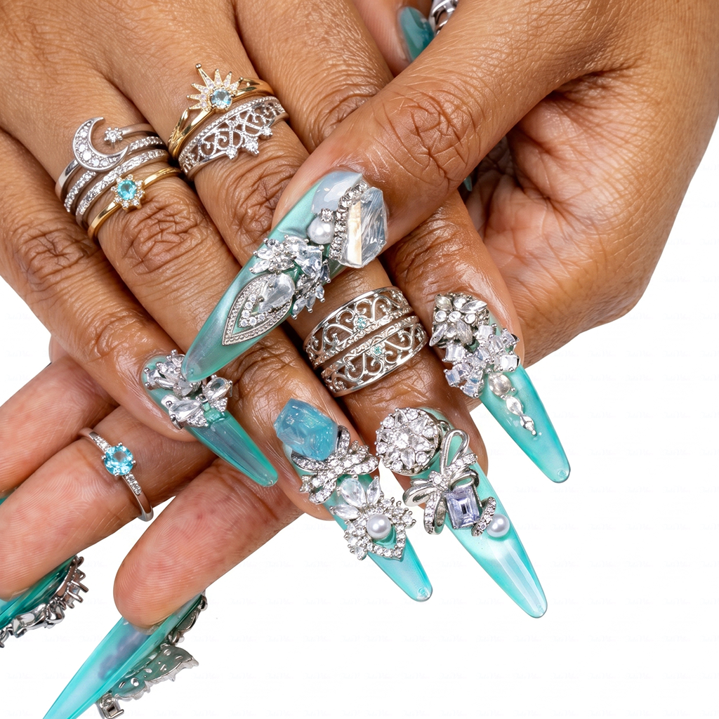 Made-to-Order | Aqua Crystal Princess – Turquoise Glossy Long Stiletto Press-Ons with Silver Rhinestone