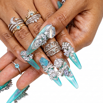 Made-to-Order | Aqua Crystal Princess – Turquoise Glossy Long Stiletto Press-Ons with Silver Rhinestone