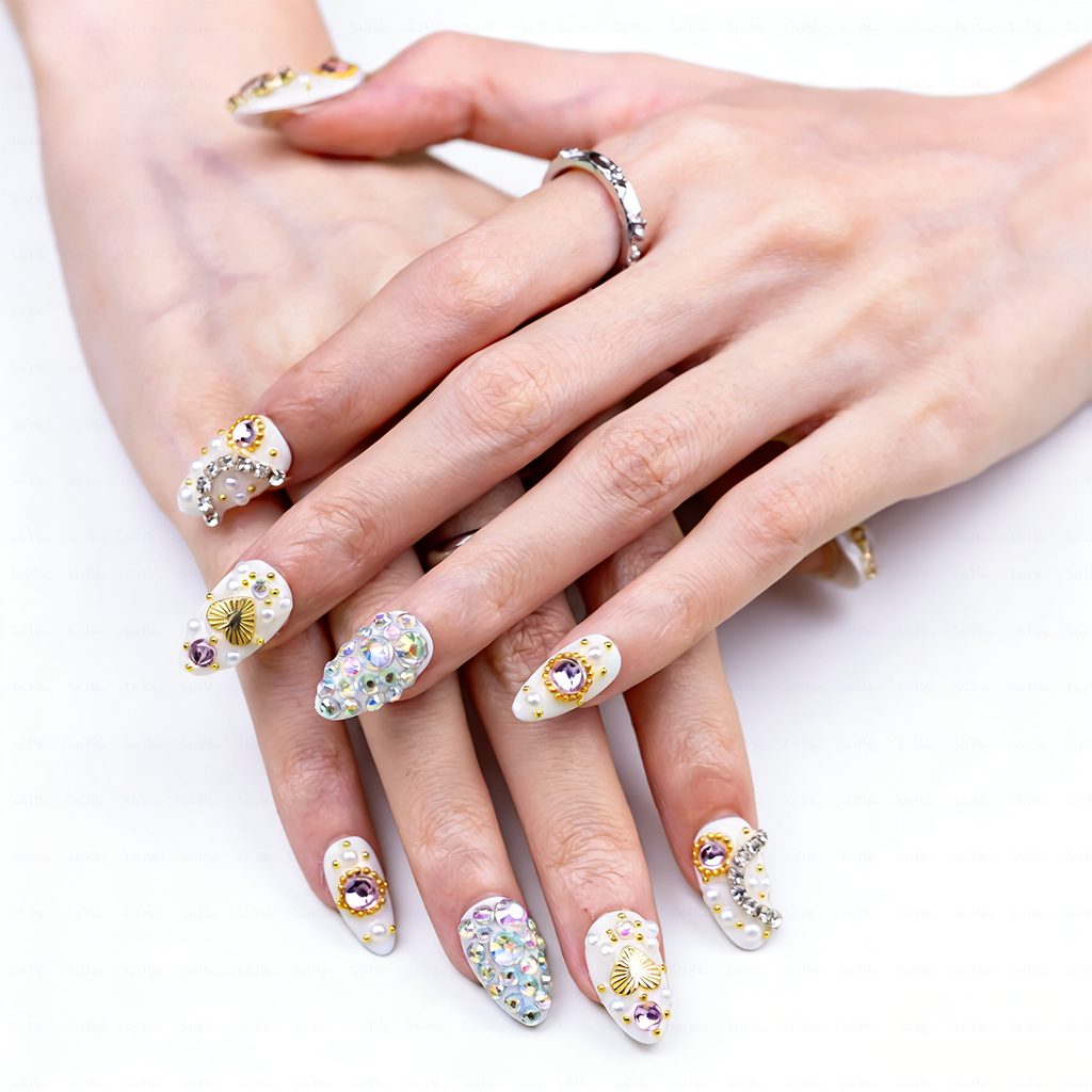 Pearl Glitz – Milky White Short Almond Press-Ons with Heart Gem & Full Rhinestone Accents