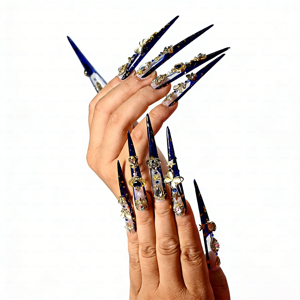 Midnight Royal-Navy Blue & Milky White Extra Long Stiletto Press-Ons with Gold Foil & Gem Butterfly Charms